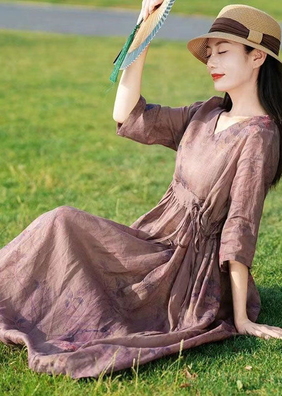 Vintage Khaki V Neck Print Tie Waist Patchwork Linen Dresses Summer