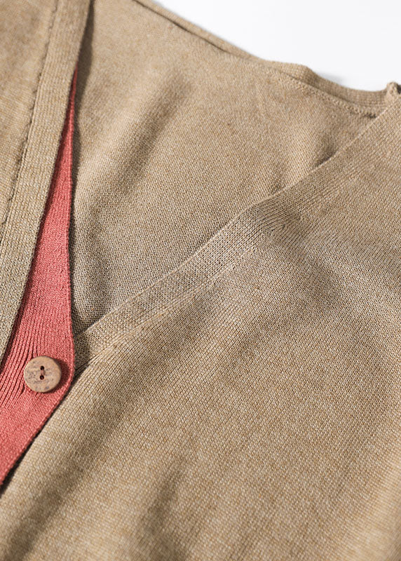 Vintage Khaki button V Neck Patchwork Knit Loose Cardigans Spring