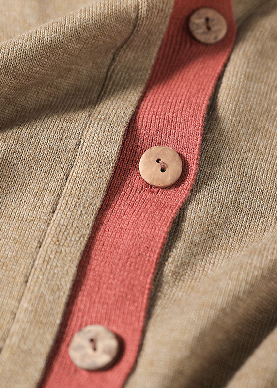 Vintage Khaki button V Neck Patchwork Knit Loose Cardigans Spring