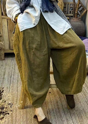 Vintage Khaki elastische Taille Taschen Leinen Laterne Hosen Frühling