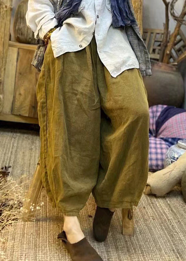 Vintage Khaki elastic waist Pockets Linen Lantern Pants Spring