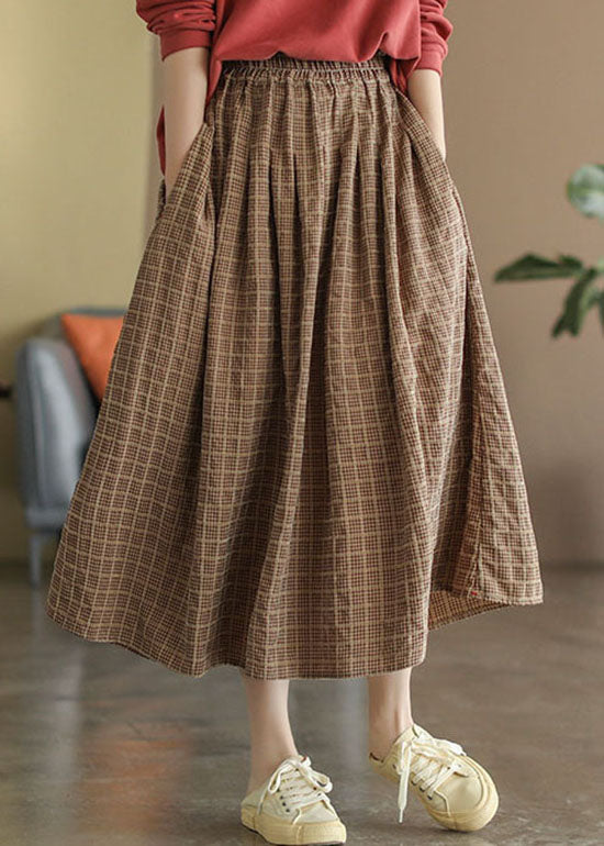 Vintage Khaki elastic waist Pockets Plaid Cotton A Line Skirts Spring