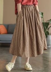 Vintage Khaki elastic waist Pockets Plaid Cotton A Line Skirts Spring