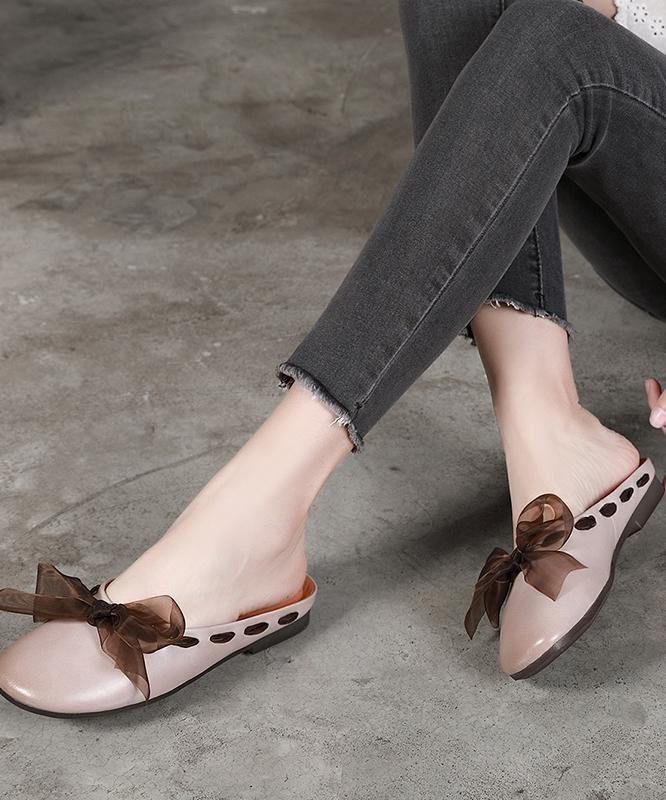 Vintage Lace Up Flat Shoes Brown Cowhide Leather Slippers - SooLinen