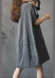 Vintage Large Pocket Grey Denim Dress - SooLinen