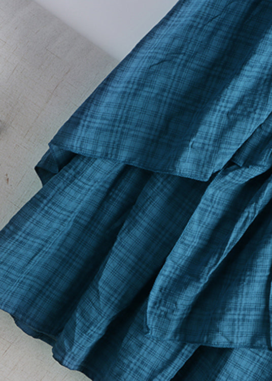 Vintage Light Blue Asymmetrical Plaid Patchwork A Line Skirt Spring