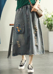 Vintage Light Blue Embroidered Patchwork Cotton Long Skirt Summer