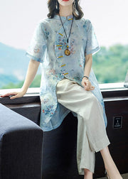 Vintage Light Blue Mandarin Collar Asymmetrical Design Print Linen Tops And Pants 2 Piece Outfit Summer