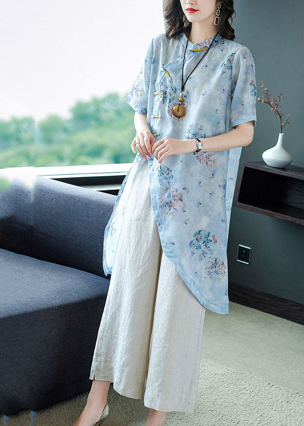 Vintage Light Blue Mandarin Collar Asymmetrical Design Print Linen Tops And Pants 2 Piece Outfit Summer