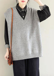 Vintage Light Gray Knitwear Plus Size Clothing V Neck Sleeveless Knit Blouse - SooLinen