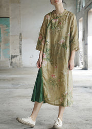 Vintage Light Green Mandarin Collar Print Patchwork Linen Dress Three Quarter sleeve