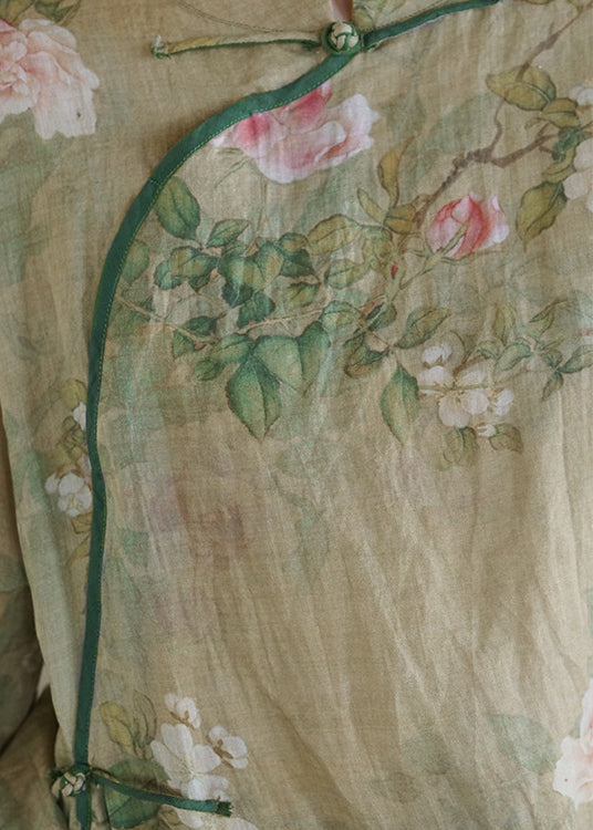 Vintage Light Green Mandarin Collar Print Patchwork Linen Dress Three Quarter sleeve