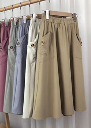 Vintage Light Khaki Button Pockets Faux Leathe A Line Skirts Summer
