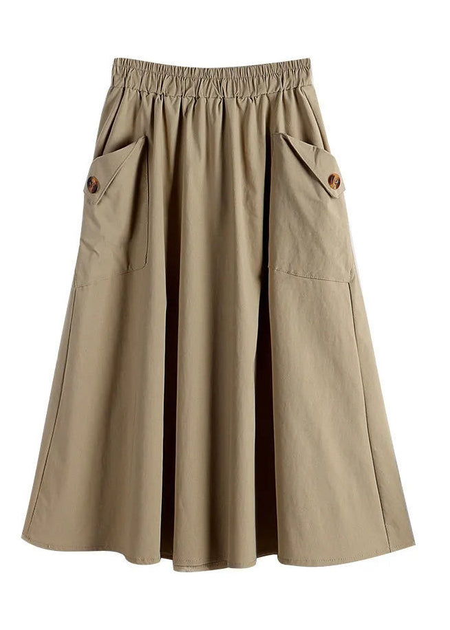Vintage Light Khaki Button Pockets Faux Leathe A Line Skirts Summer