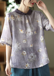 Vintage Light Purple Peter Pan Collar Print Linen Shirts Short Sleeve
