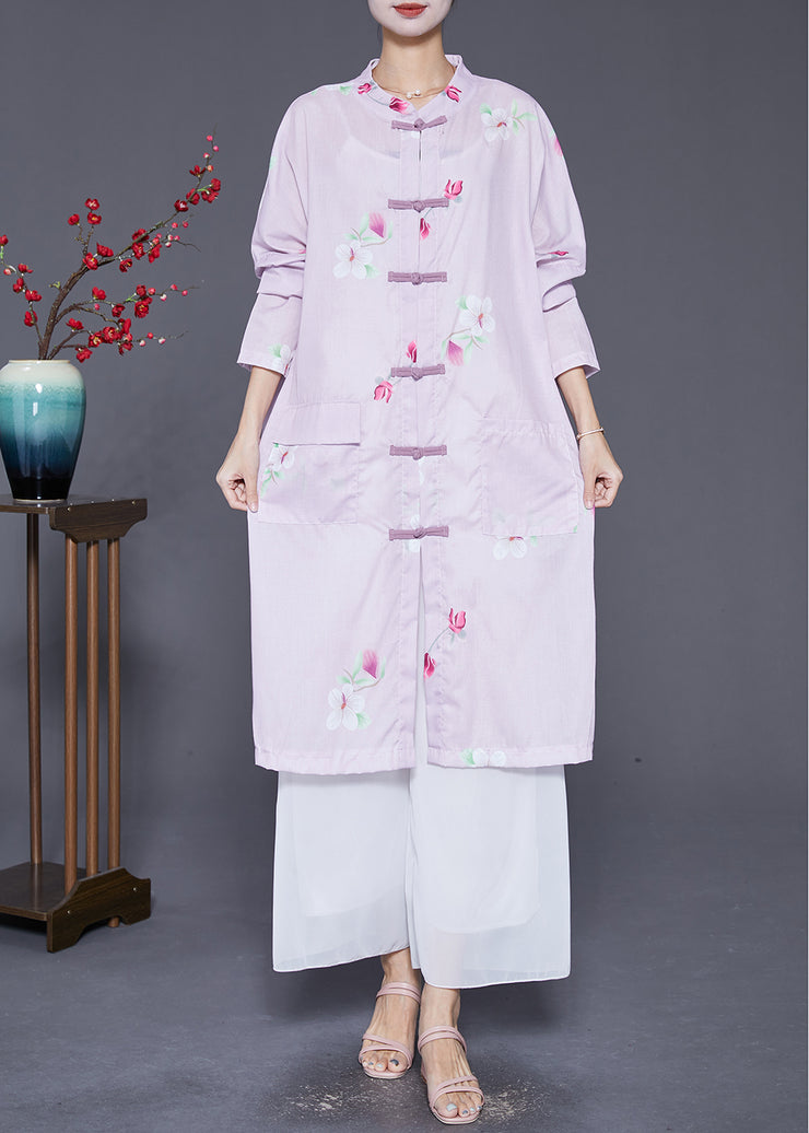 Vintage Light Purple Print Chinese Button Linen Shirt Dress Fall