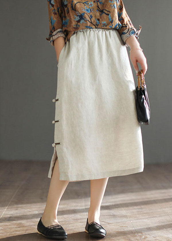 Vintage Linen Color Elastic Waist Side Open Oriental Button Linen Skirt Summer