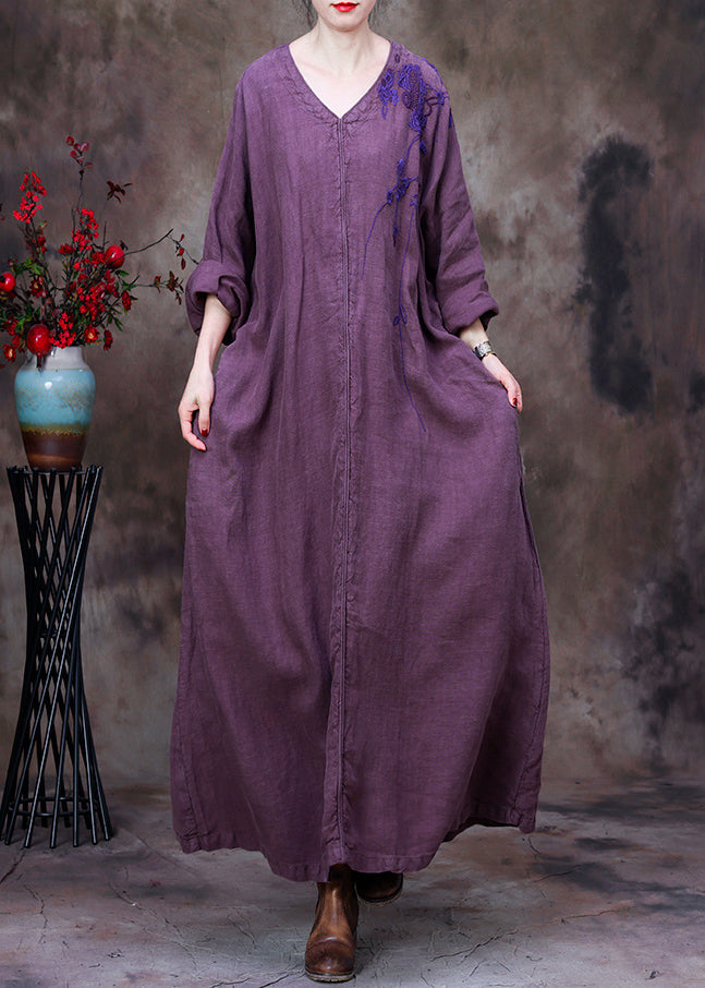 Vintage Llight Purple V Neck Asymmetrical Patchwork Linen Ankle Dress Long