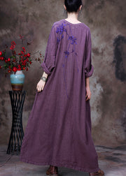 Vintage Llight Purple V Neck Asymmetrical Patchwork Linen Ankle Dress Long