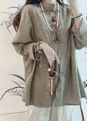Vintage Loose O Neck Chinese Button Linen Shirt Tops Spring