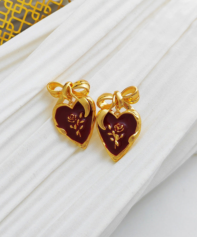 Vintage Mulberry Copper Overgild Oil Drip Heart Stud Earrings