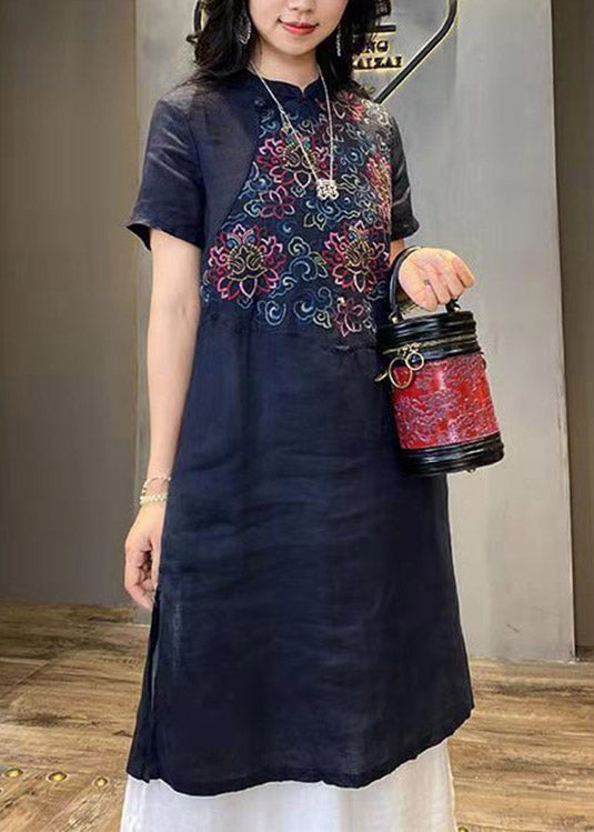 Vintage Mulberry Stehkragen bestickt Leinen langes Kleid mit kurzen Ärmeln