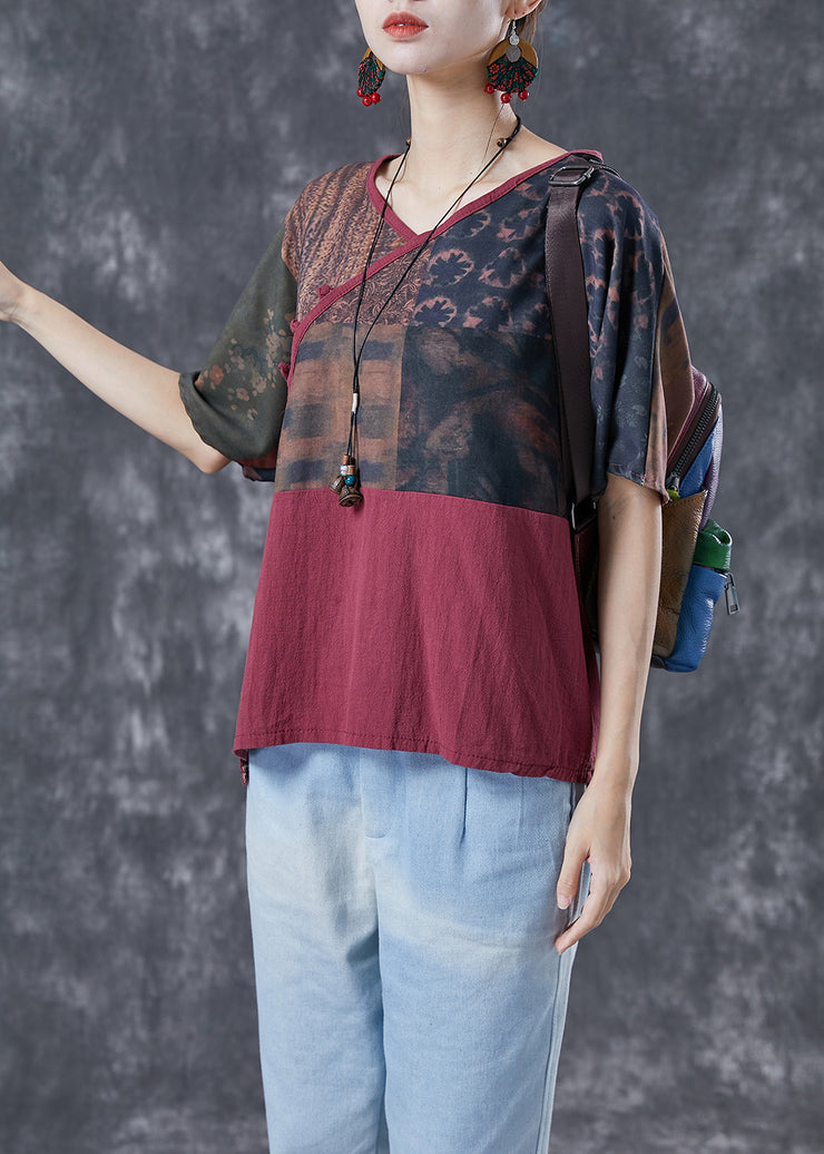 Vintage Mulberry V Neck Patchwork Print Linen Shirt Summer