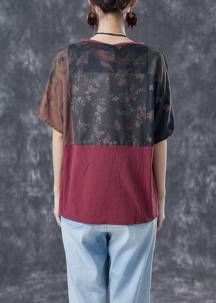 Vintage Mulberry V Neck Patchwork Print Linen Shirt Summer