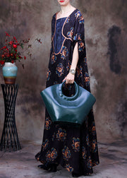 Vintage Navy Asymmetrical Patchwork Floral Print Silk Long Dress Long Sleeve