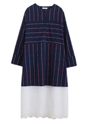 Vintage Navy Blue O-Neck Striped Patchwork Cozy Cotton Long Dress Long Sleeve
