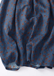 Vintage Navy Blue Ruffled Patchwork Print Drawstring Maxi Dresses Short Sleeve