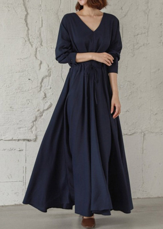 Vintage Navy Cinched V Neck Cinched Cotton Maxi Dresses Fall