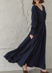 Vintage Navy Cinched V Neck Cinched Cotton Maxi Dresses Fall