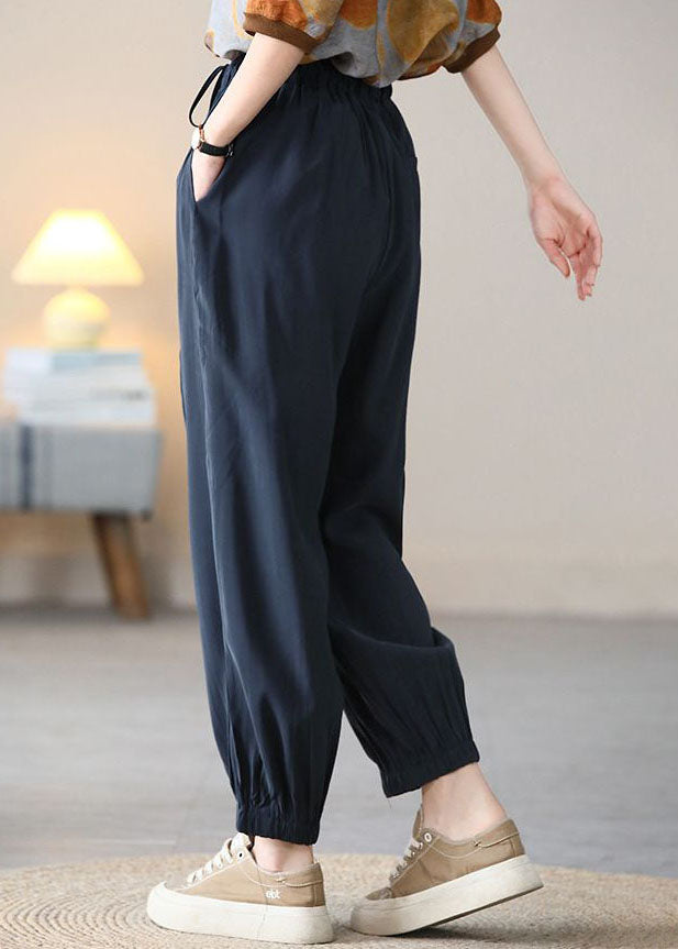 Vintage Navy Elastic Waist Drawstring Pockets Silk Harem Pants Fall