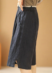 Vintage Navy elastische Taillentaschen Leinen gerade Hosen Shorts Sommer