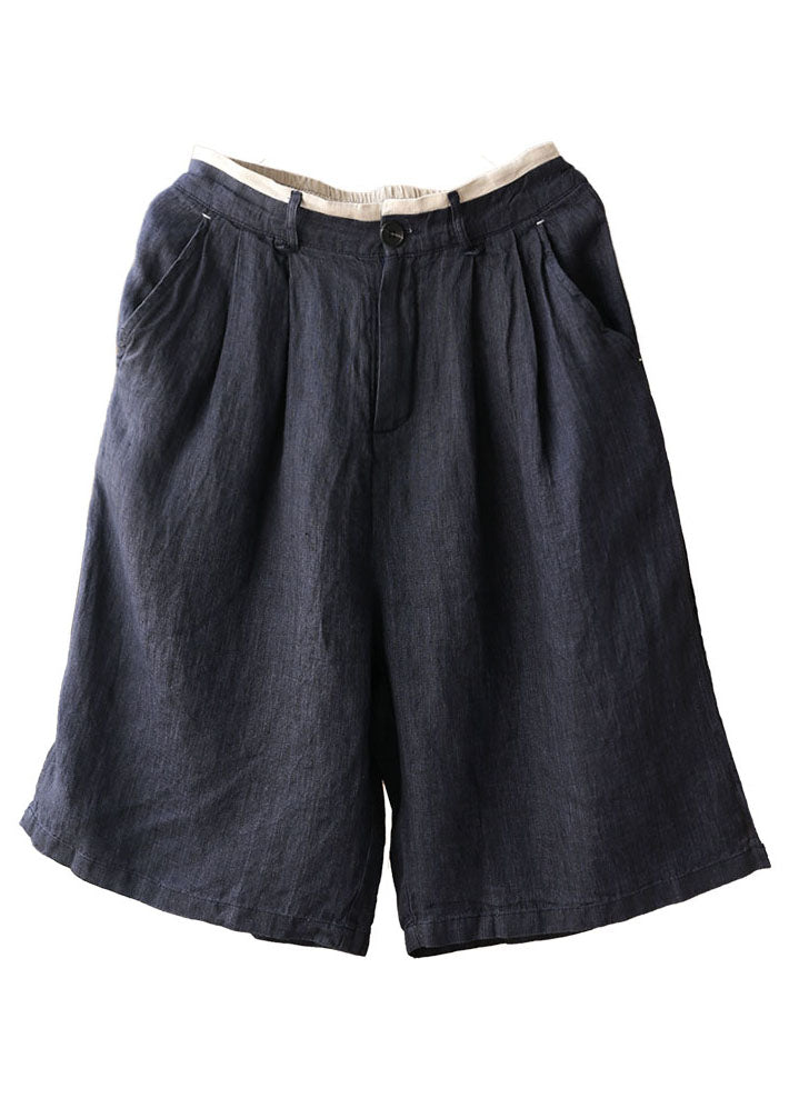 Vintage Navy elastische Taillentaschen Leinen gerade Hosen Shorts Sommer
