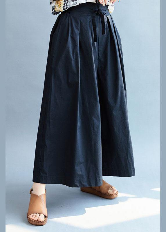 Vintage Navy Loose Wide Leg Tie Waist Fall Asymmetrical Design Pants - SooLinen