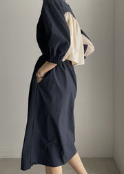 Vintage Navy O-Neck Tie Taille Baumwolle Mid Dress Half Sleeve Long Dress
