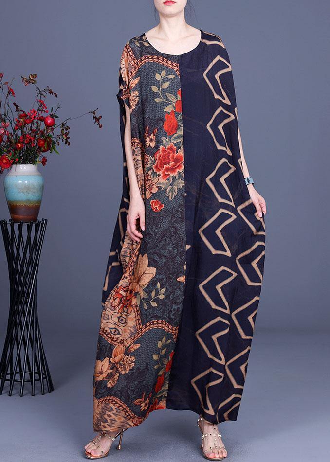 Vintage Navy Print Patchwork Batwing Sleeve Silk Long Dress Summer - SooLinen
