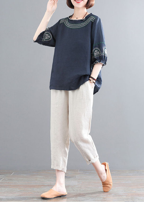 Vintage Navy Ruffled Embroidered Linen Tops And Crop Pants Two Piece Set Women Clothing Half Sleeve