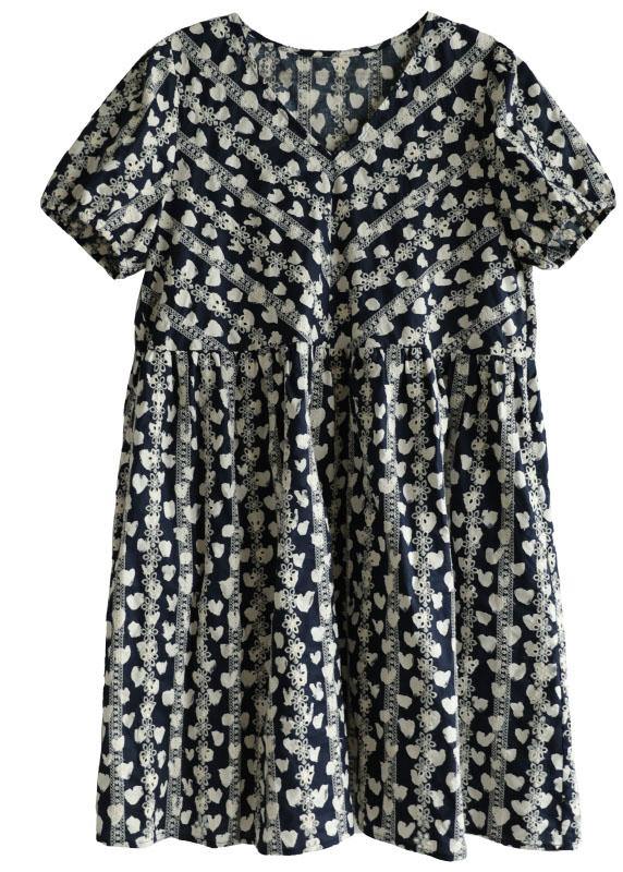 Vintage Navy V Neck Loose Print Summer Cotton Dress Short Sleeve - SooLinen