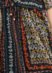Vintage Navy V Neck Print Chiffon Maxi Dress And Slip Dress Two Pieces Set Half Sleeve