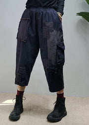 Vintage Navy elastische Taille Taschen Patchwork Hosen Frühling