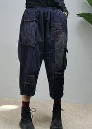 Vintage Navy elastic waist Pockets Patchwork Pants Spring