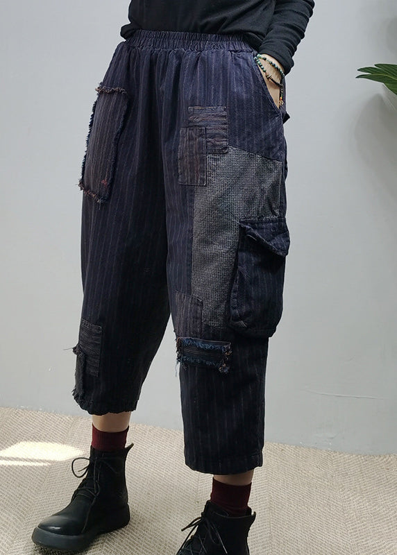 Vintage Navy elastische Taille Taschen Patchwork Hosen Frühling