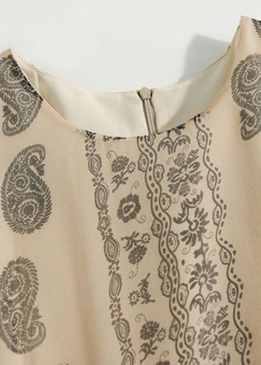Vintage O-Neck Print Patchwork Reißverschluss Seide lange Kleider halbe Ärmel