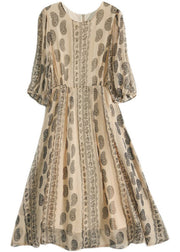 Vintage O-Neck Print Patchwork Zippered Silk Long Dresses Half Sleeve