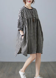Vintage O-Neck wrinkled Pocket Plaid Linen Loose Dresses Half Sleeve