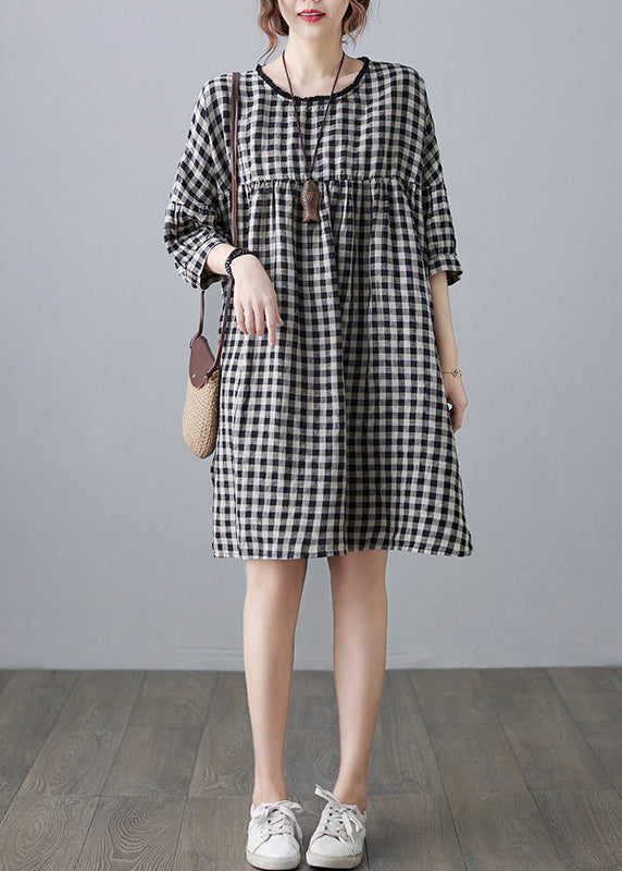 Vintage O-Neck wrinkled Pocket Plaid Linen Loose Dresses Half Sleeve