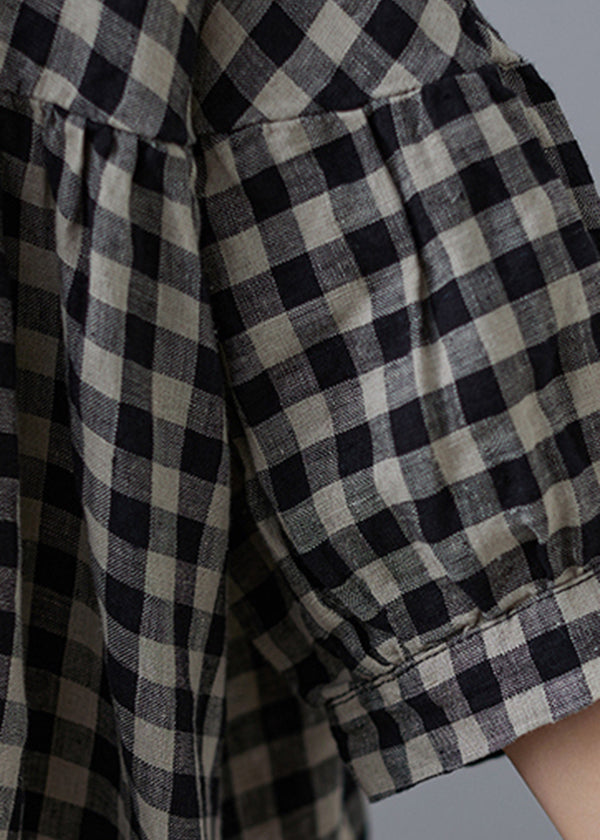 Vintage O-Ausschnitt, zerknittertes Taschen-Plaid-Leinen, lose Kleider, halbe Ärmel